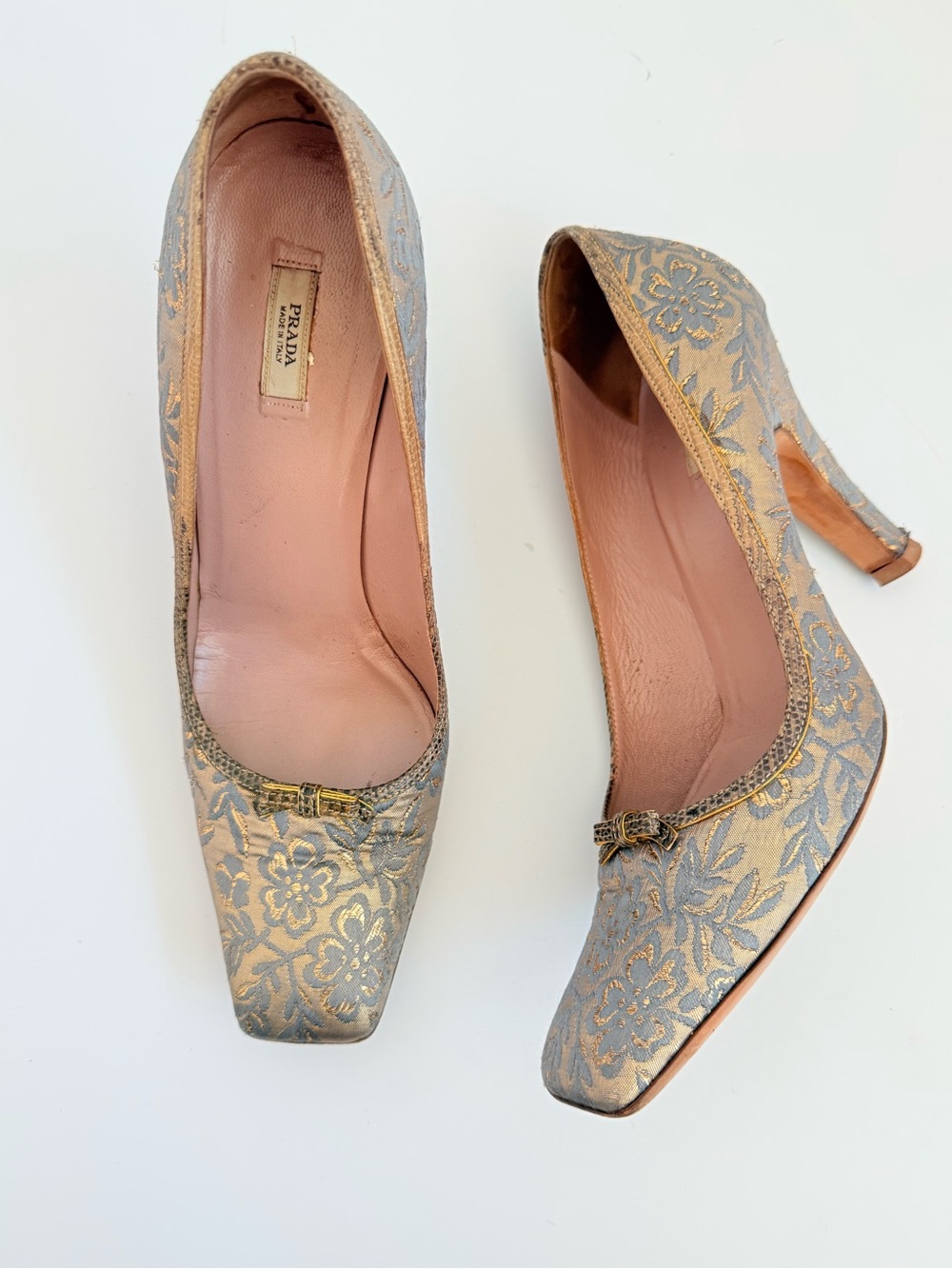 Rare Vintage Prada Metallic Floral Brocade Snakeskin Trim Bow Pumps 39.5